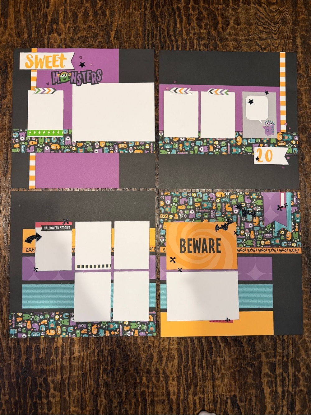 Handmade Halloween 12x12 Premade Scrapbook Page Photo Ready Embellished Set of 4